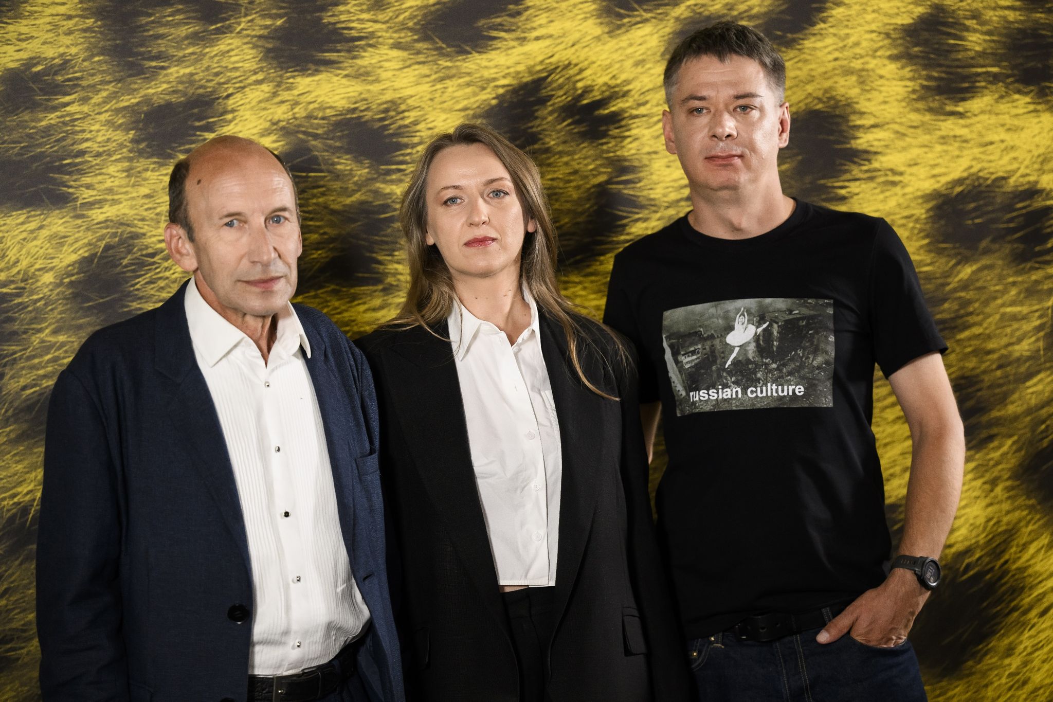 Der Schauspieler Oleksandr Maksiakov (l-r), Die Regisseurin Maryna Wroda Und Der Kameramann Andrii Lysetskyi Haben Ihren Film «Stepne» Auf Dem 76. Internationalen Filmfestival In Locarno Vorgestellt.