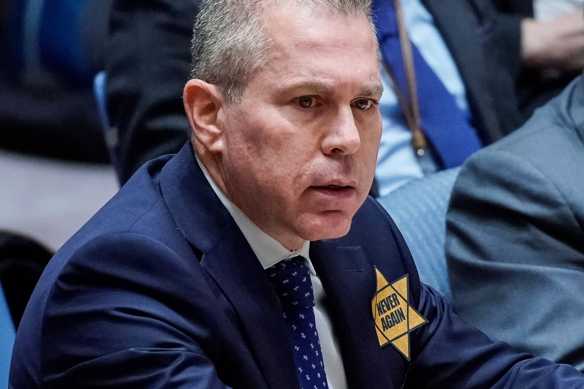 Israels UN-Botschafter Gilad Erdan Mit Dem Gelben Davidstern.